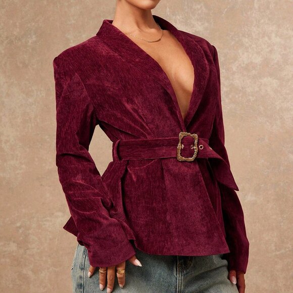 Burgundy Elegant Women's V-Neck Corduroy semi oversized belted Blazer - Picture 6 of 7